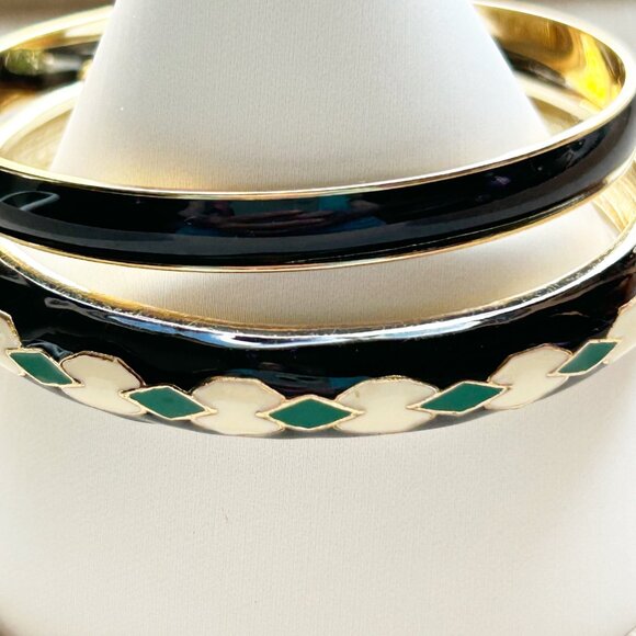 J Crew Enamel Bracelet Set of 2 Black Gold Green Geometric Diamond Design - Picture 2 of 12